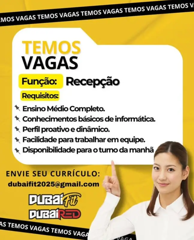 1 Vaga de emprego para Recepção sem experiência na empresa Academia Dubai Fit em 08/09