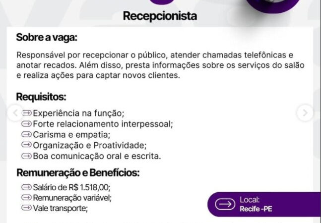 1 Vaga de emprego para Recepcionista na empresa Inovar RH em 06/09