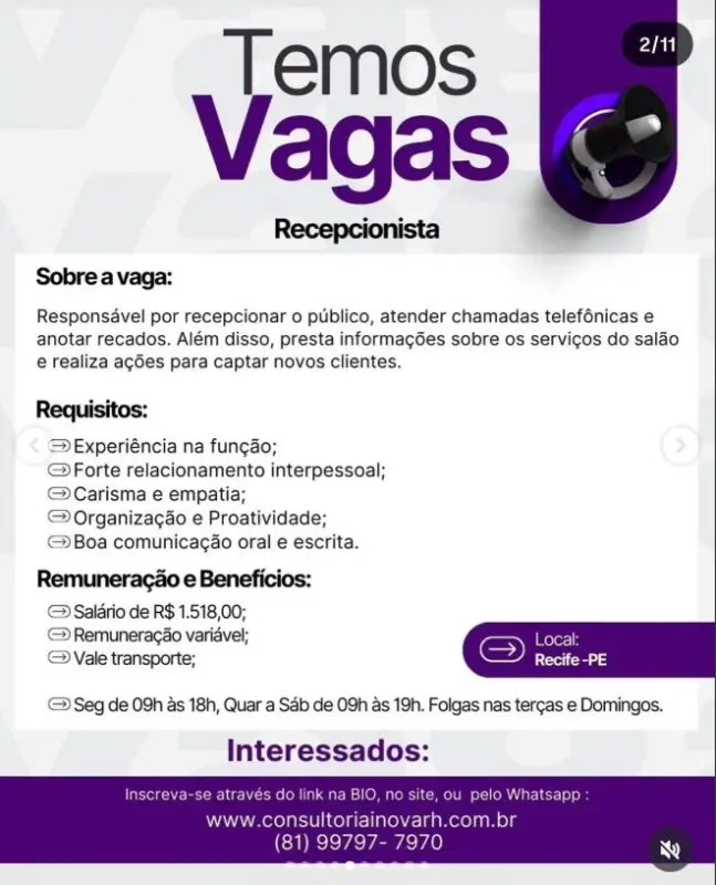1 Vaga de emprego para Recepcionista na empresa Inovar RH em 06/09