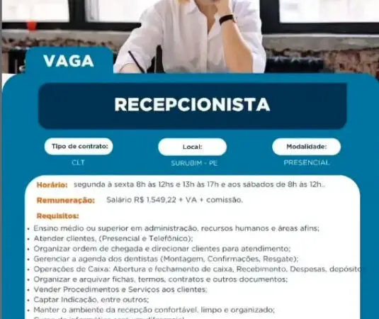 1 Vaga de emprego para Recepcionista na empresa RHF Talentos em 06/09