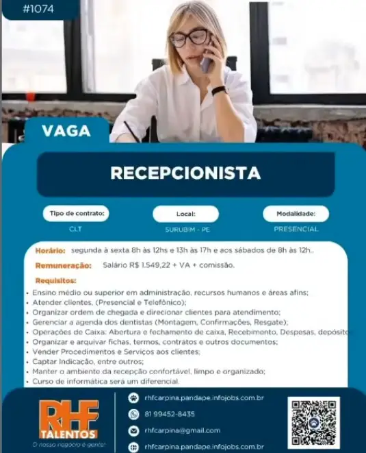 1 Vaga de emprego para Recepcionista na empresa RHF Talentos em 06/09