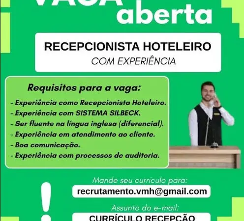 1 Vaga de emprego para Recepcionista no Segmento de hotel em 08/09