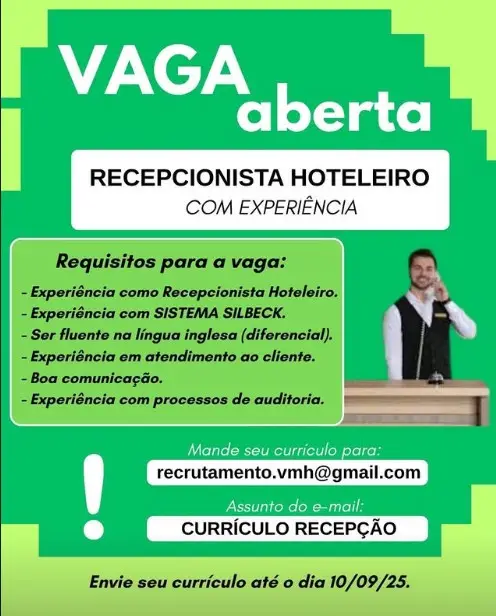 1 Vaga de emprego para Recepcionista no Segmento de hotel em 08/09