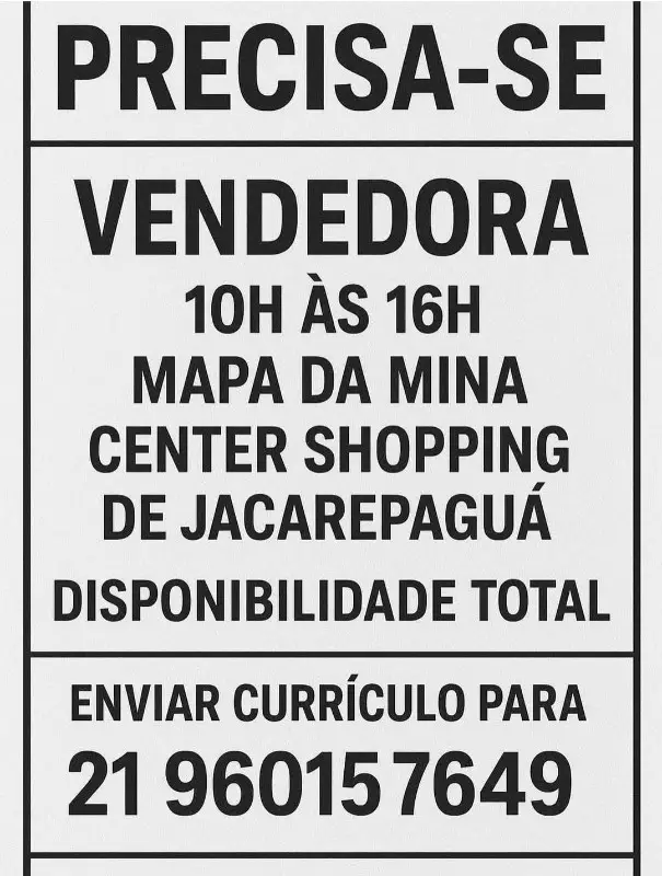 1 Vaga de emprego para Vendedora na empresa Mapa da Mina em 08/09