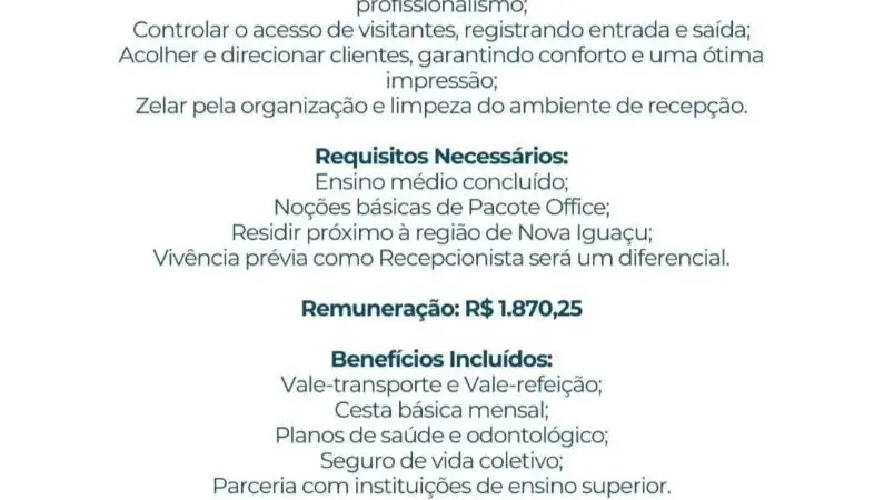 1 Vaga de emprego para Recepcionista sem experiência na empresa Alamo Benefícios em 08/09