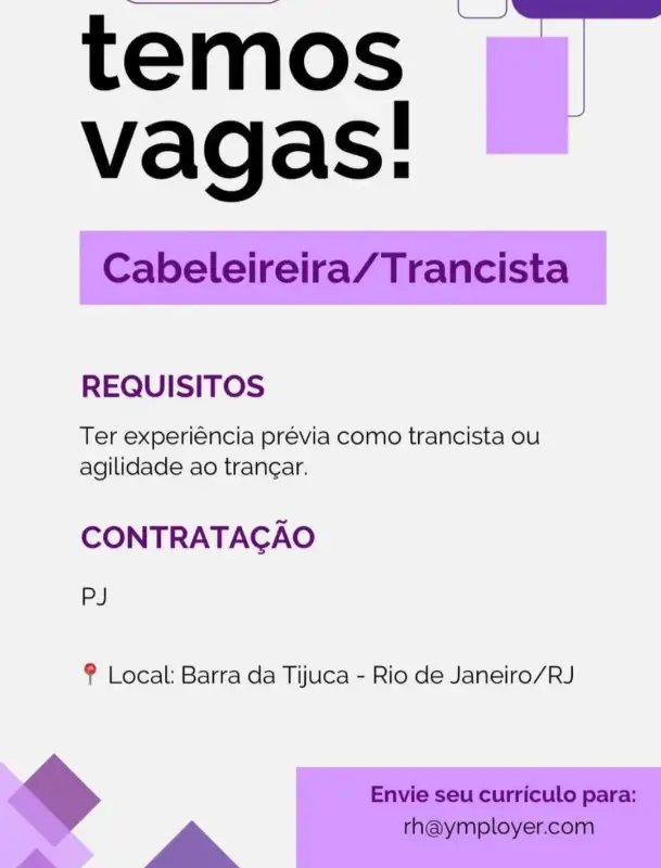 1 Vaga de emprego para Cabeleireira,trancista na empresa Ymployer em 08/09