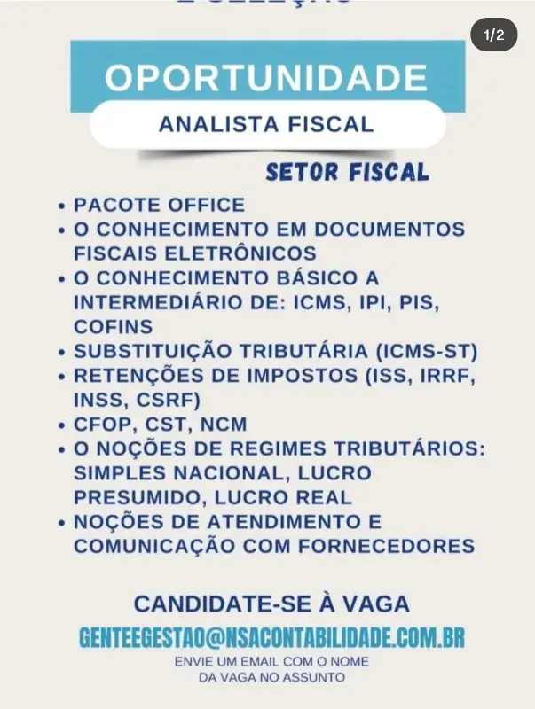 1 Vaga de emprego para Analista Fiscal na empresa Nsa Contabilidade em 08/09