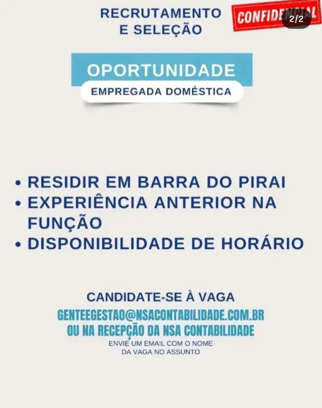 1 Vaga de emprego para Empregada Doméstica na empresa Nsa Contabilidade em 08/09