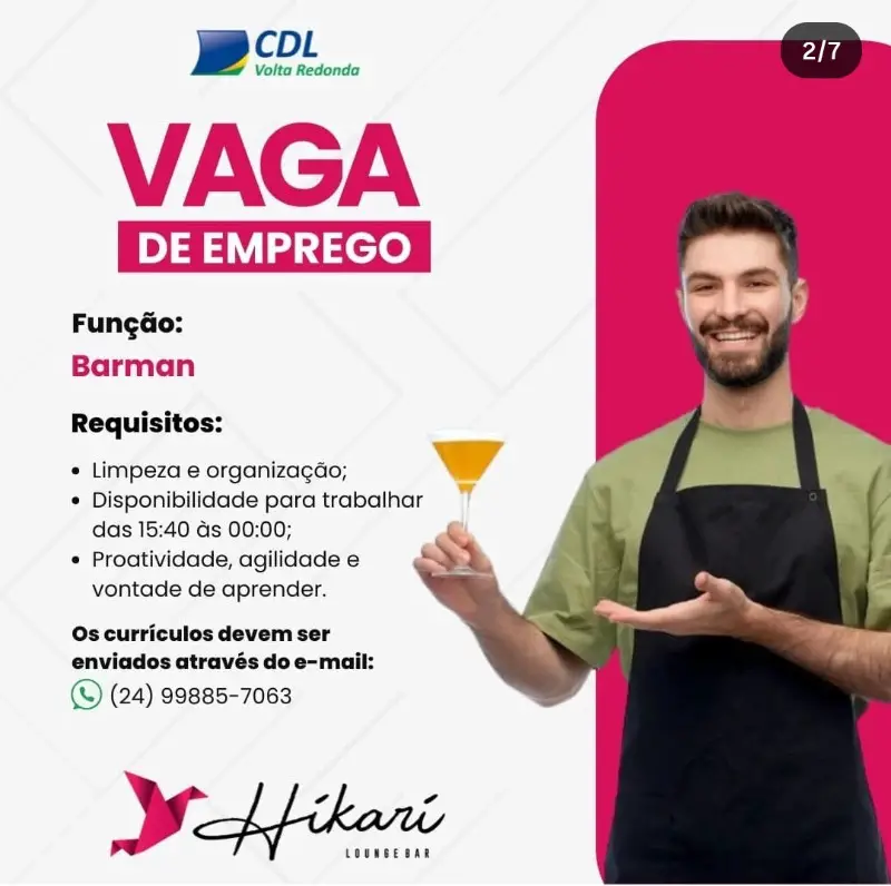 1 Vaga de emprego para Barman na empresa Hikari Lounge Bar em 08/09