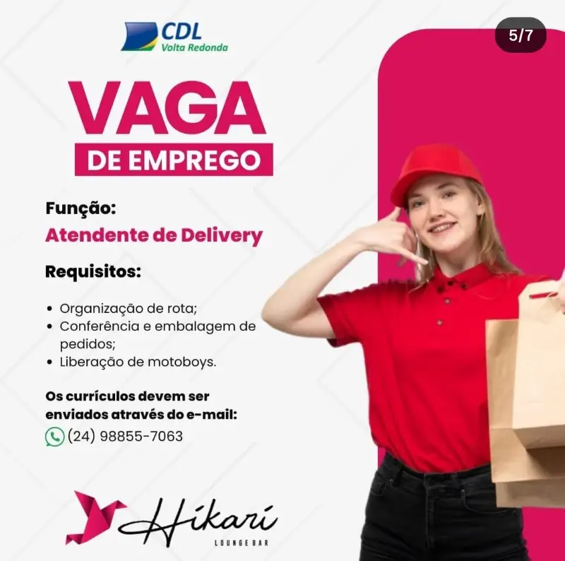1 Vaga de emprego para Atendente De Delivery na empresa Hikari Lounge Bar em 08/09