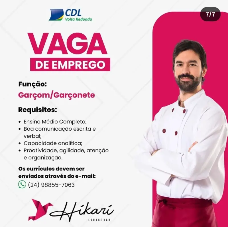1 Vaga de emprego para Garçom,garçonete na empresa Hikari Lounge Bar em 08/09