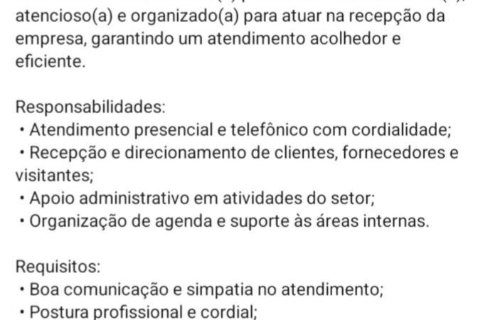 1 Vaga de emprego para Recepcionista no Bairro Volta Redonda em 08/09