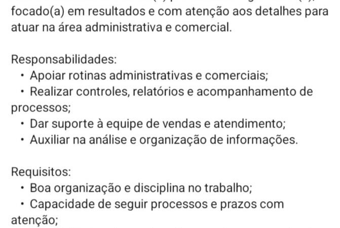 1 Vaga de emprego para Assistente Administrativo,comercial no Bairro Volta Redonda em 08/09
