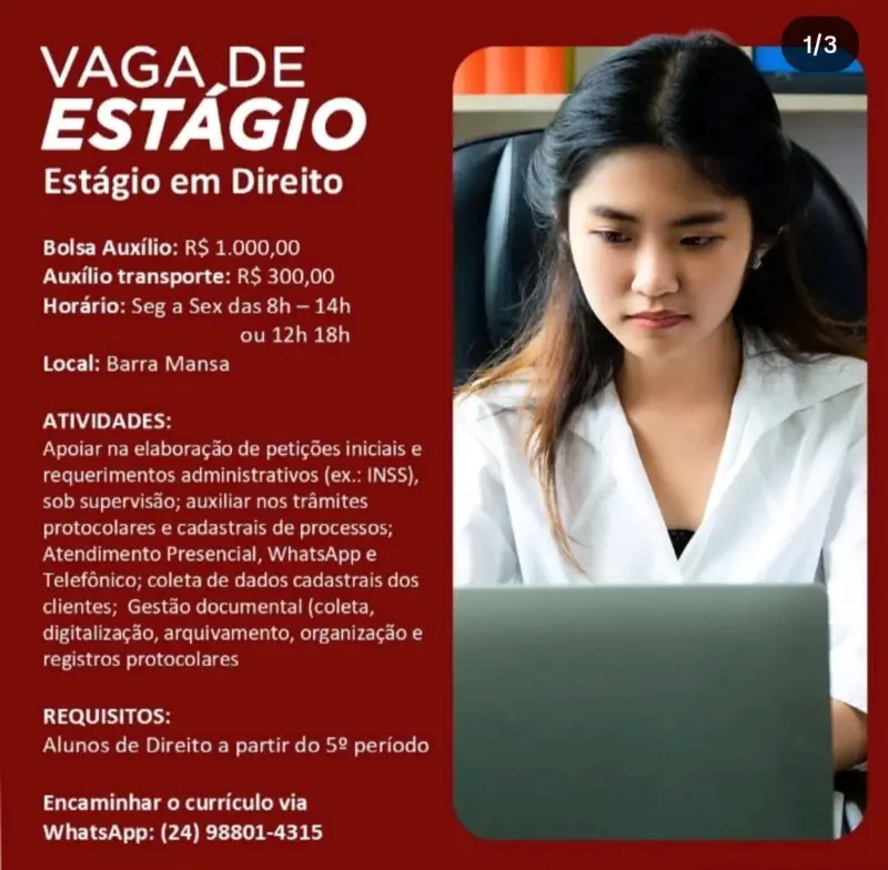 1 Vaga de emprego para Estágio Direito na Cidade Rio de Janeiro em 08/09
