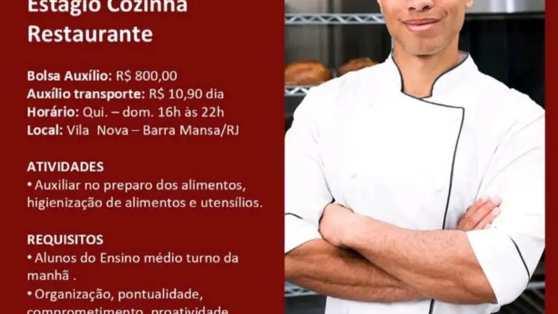 1 Vaga de emprego para Estágio Cozinha na Cidade Barra Mansa em 08/09