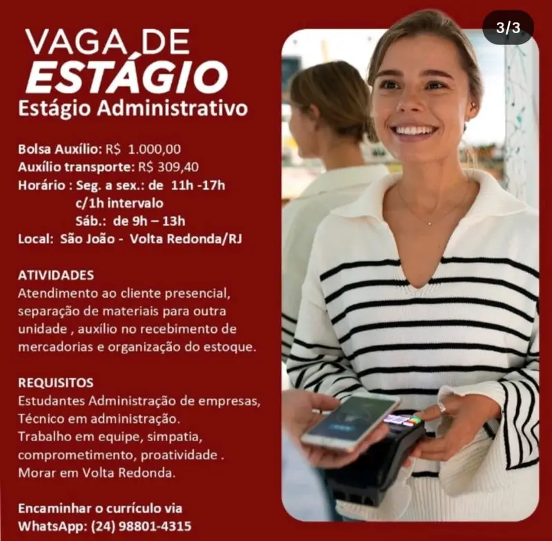 1 Vaga de emprego para Estágio Administrativo na Cidade Volta Redonda em 08/09
