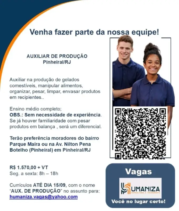 1 Vaga de emprego para Auxiliar De Produção sem experiência na empresa Humaniza em 08/09