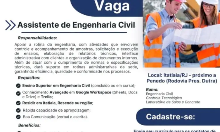 1 Vaga de emprego para Assistente De Engenharia Civil na empresa Holanda Engenharia Ltda em 08/09
