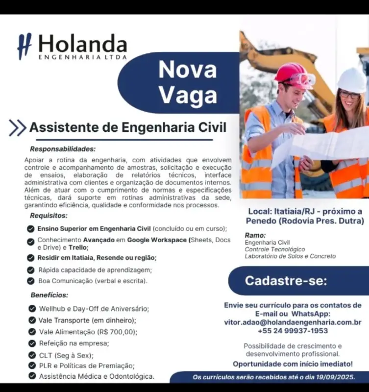 1 Vaga de emprego para Assistente De Engenharia Civil na empresa Holanda Engenharia Ltda em 08/09