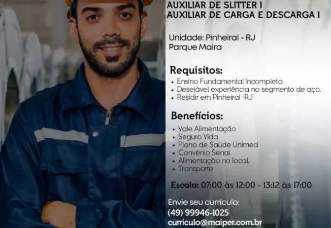 3 Vagas de emprego para Auxiliar De Perfiladeira I,auxiliar De Slitter I,auxiliar De Carga E Descarga I na empresa Maiper em 08/09