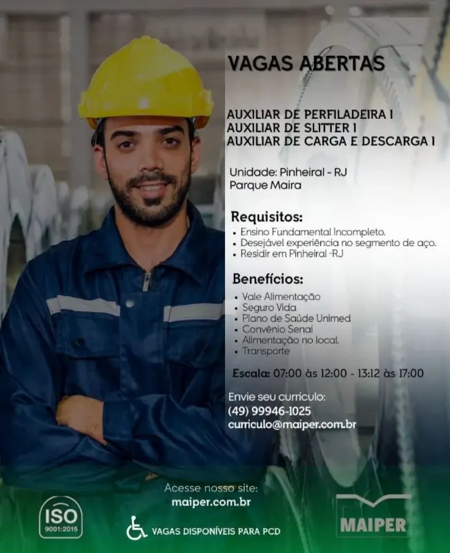3 Vagas de emprego para Auxiliar De Perfiladeira I,auxiliar De Slitter I,auxiliar De Carga E Descarga I na empresa Maiper em 08/09