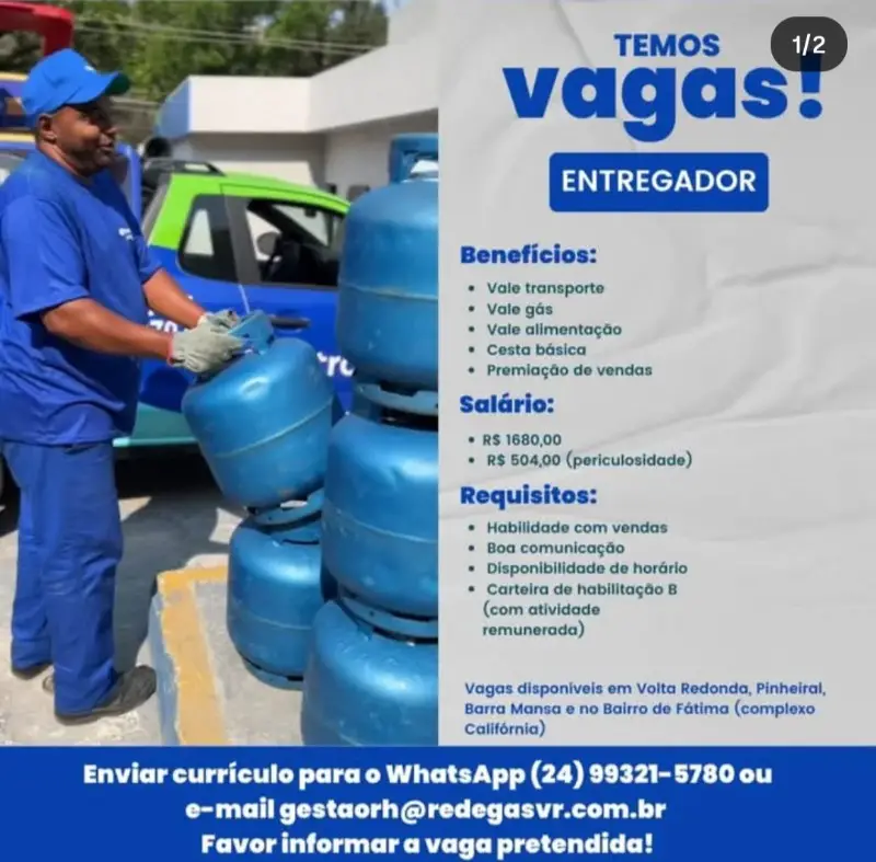 1 Vaga de emprego para Entregador na empresa Redegás em 08/09