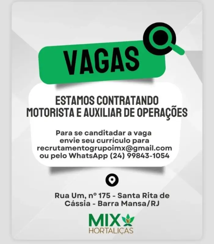 2 Vagas de emprego para Motorista E Auxiliar De Operações na empresa Grupo Imx Hortaliças em 08/09