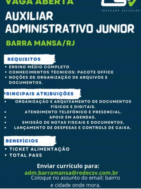 1 Vaga de emprego para Auxiliar Inspeção Veicular Administrativo Junior sem experiência na empresa Rede CSV em 08/09