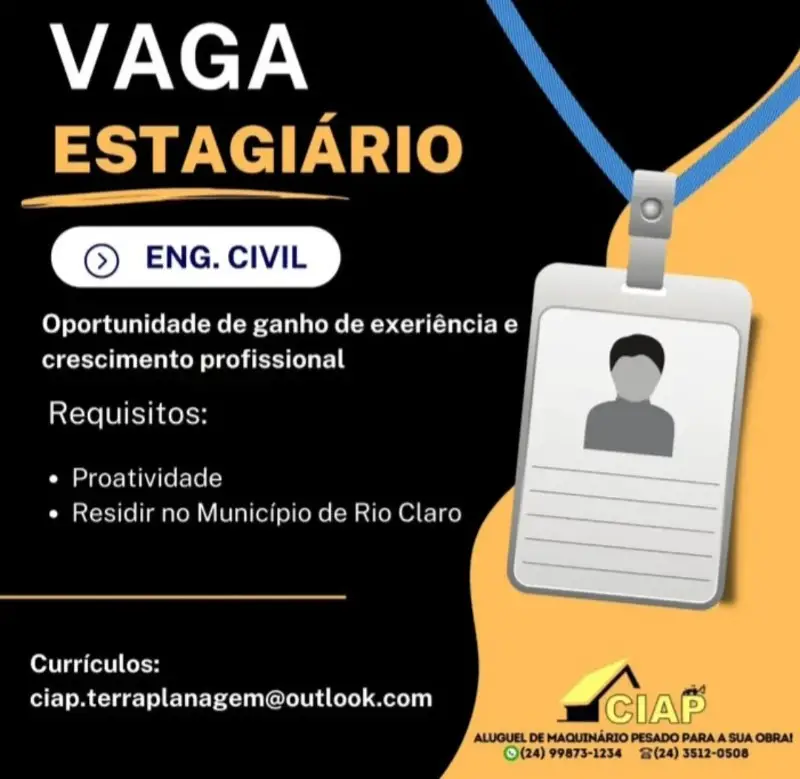 1 Vaga de emprego para Estagiário Eng Civil sem experiência na empresa Ciap Terraplanagem em 08/09