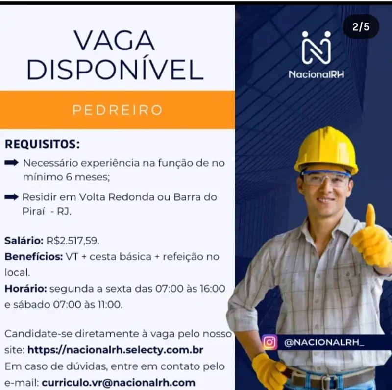 1 Vaga de emprego para Pedreiro na empresa Nacionalrh em 08/09
