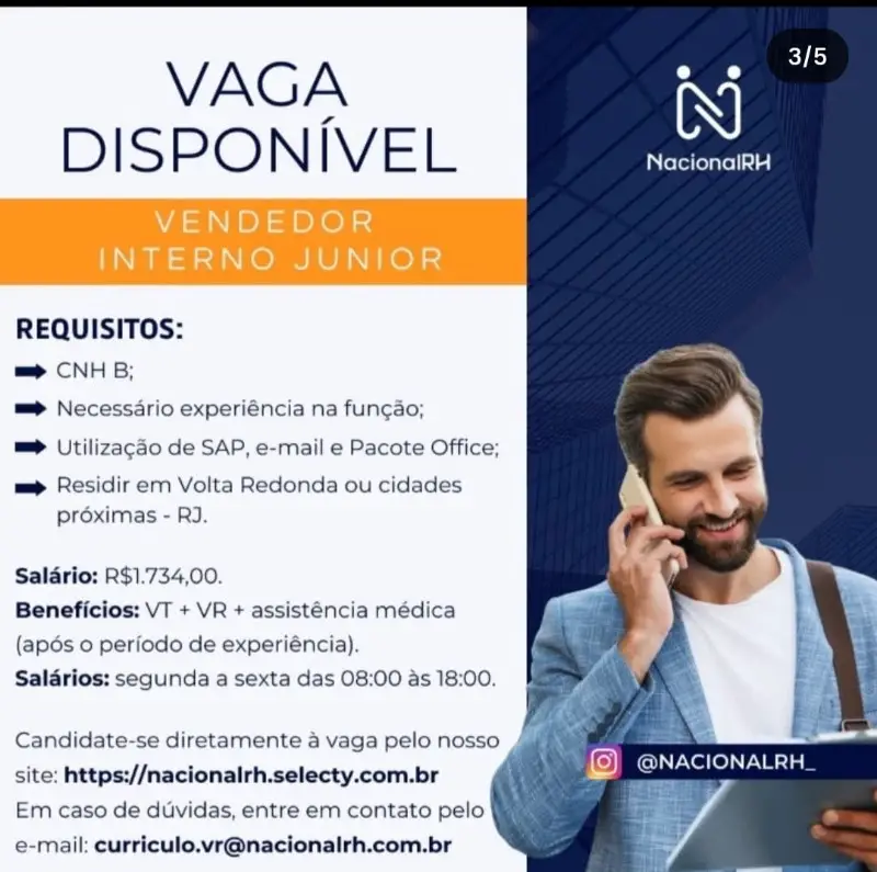 1 Vaga de emprego para Vendedor Interno Junior na empresa Nacionalrh em 08/09