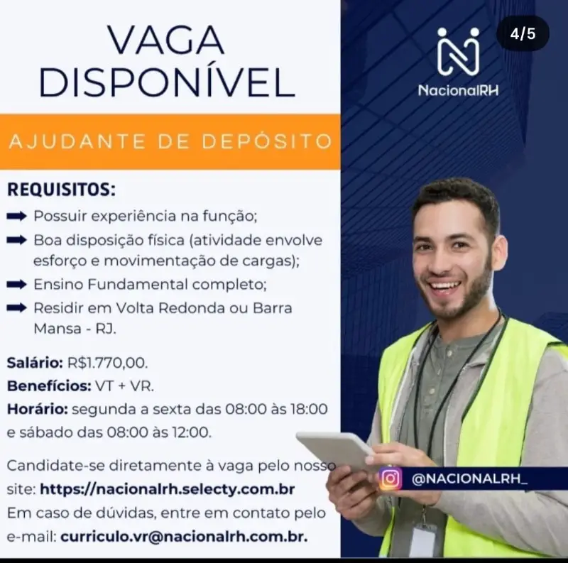 1 Vaga de emprego para Ajudante De Depósito na empresa Nacionalrh em 08/09