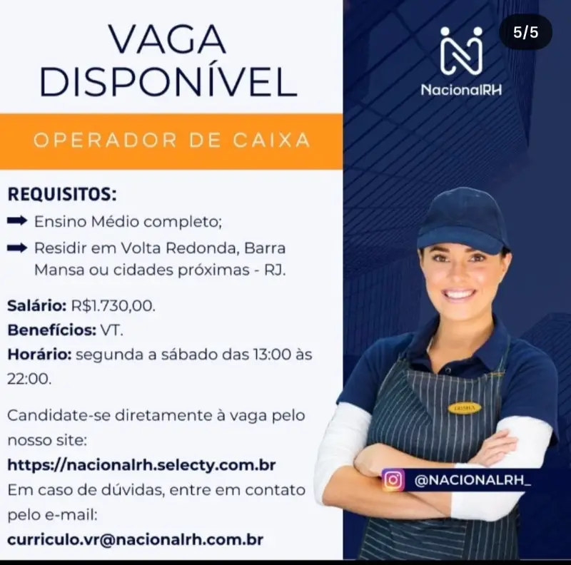 1 Vaga de emprego para Operador De Caixa sem experiência na empresa Nacionalrh em 08/09