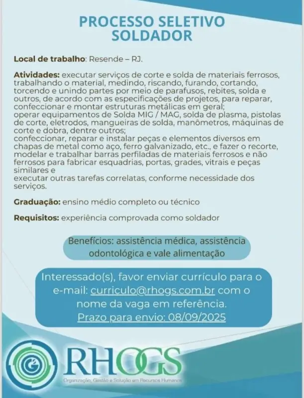 1 Vaga de emprego para Soldador na empresa Rhogs em 08/09