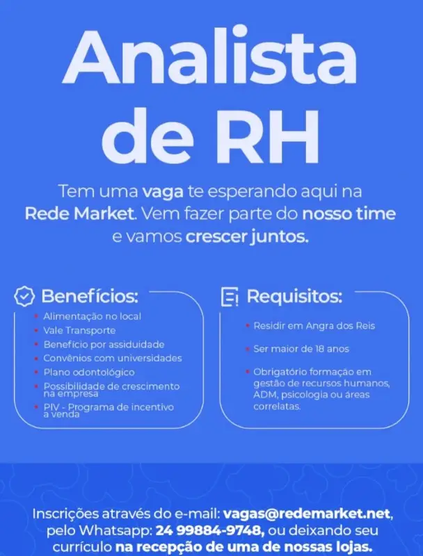 1 Vaga de emprego para Analista De Rh na empresa Rede Market em 08/09