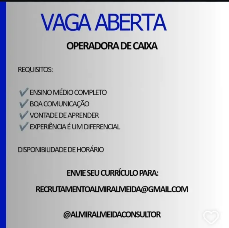 1 Vaga de emprego para Operadora De Caixa sem experiência na empresa Recrutamentoalmiraralmeida em 08/09
