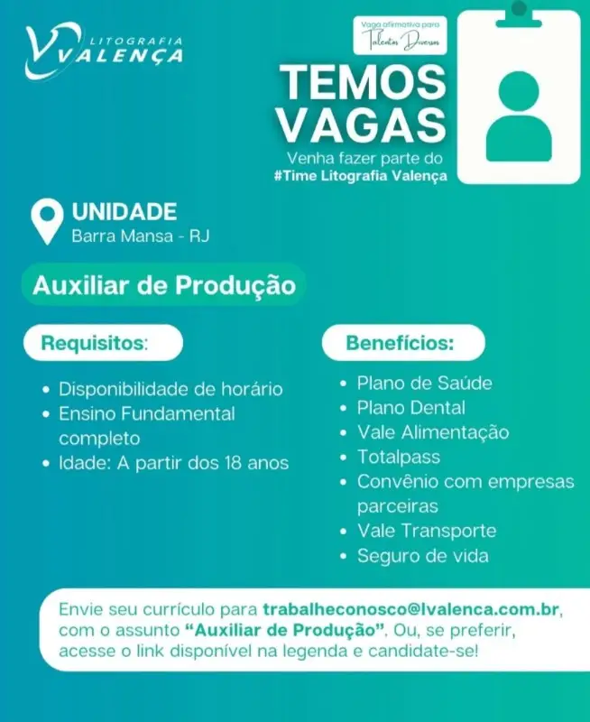 1 Vaga de emprego para Auxiliar De Produção na empresa Litografia Valença em 08/09