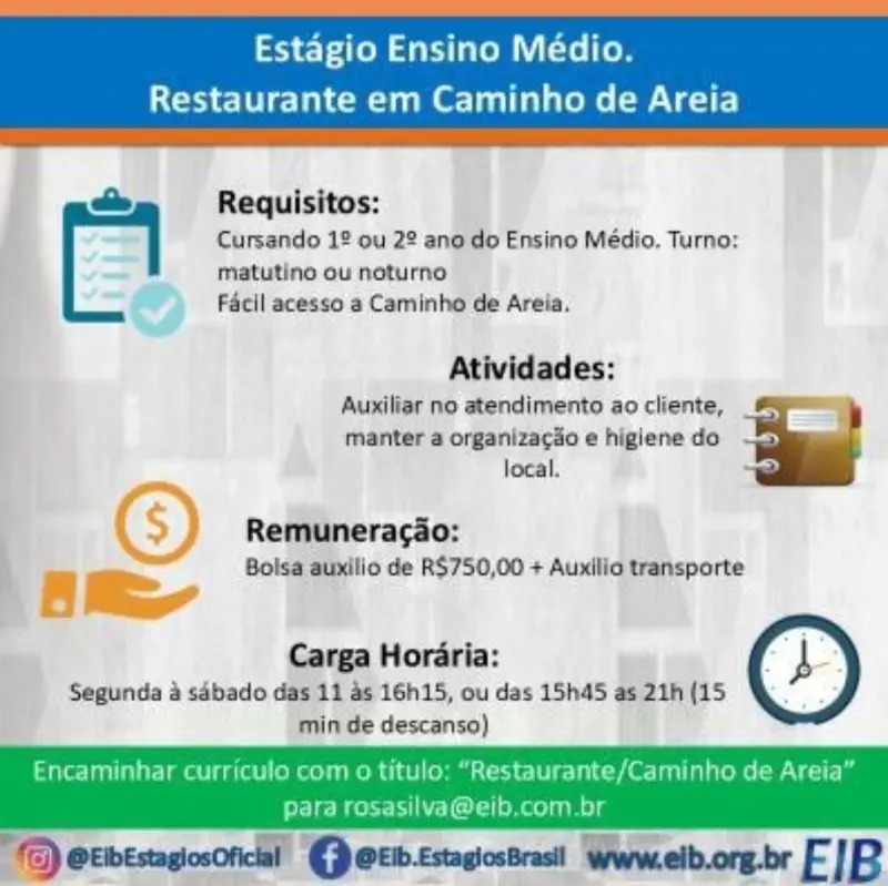 1 Vaga de emprego para Estágio Ensino Médio na empresa Restaurante  Caminho de Areia em 09/09