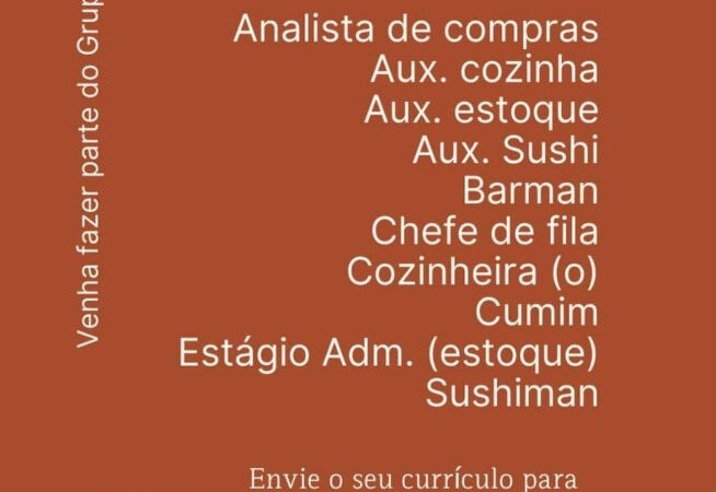 10 Vagas de emprego para Analista De Compras, Aux Cozinha, Aux Estoque, Aux Sushi, Barman, Chefe De Fila, Cozinheira, Cumim, Estágio Adm, Estoque, Sushiman, na empresa Grupo Soho em 09/09