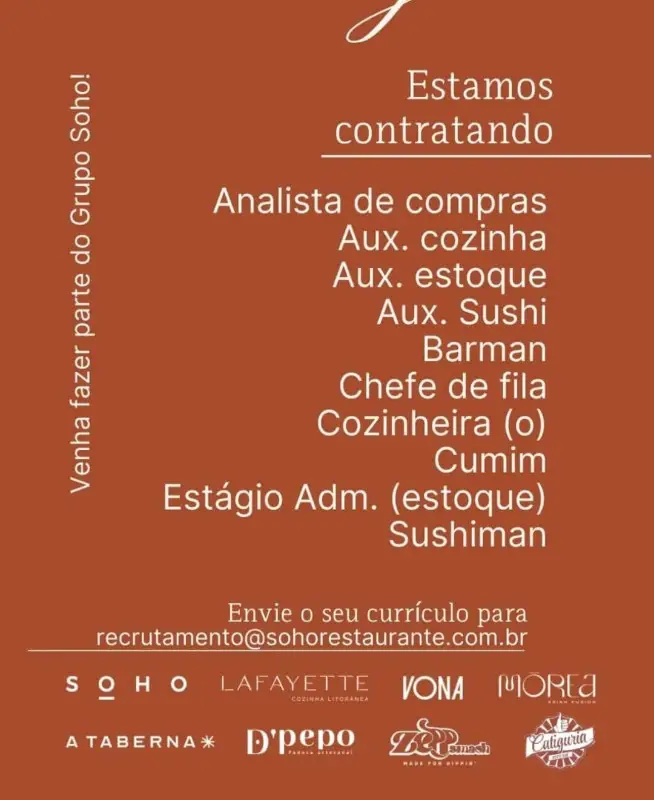 10 Vagas de emprego para Analista De Compras, Aux Cozinha, Aux Estoque, Aux Sushi, Barman, Chefe De Fila, Cozinheira, Cumim, Estágio Adm, Estoque, Sushiman, na empresa Grupo Soho em 09/09