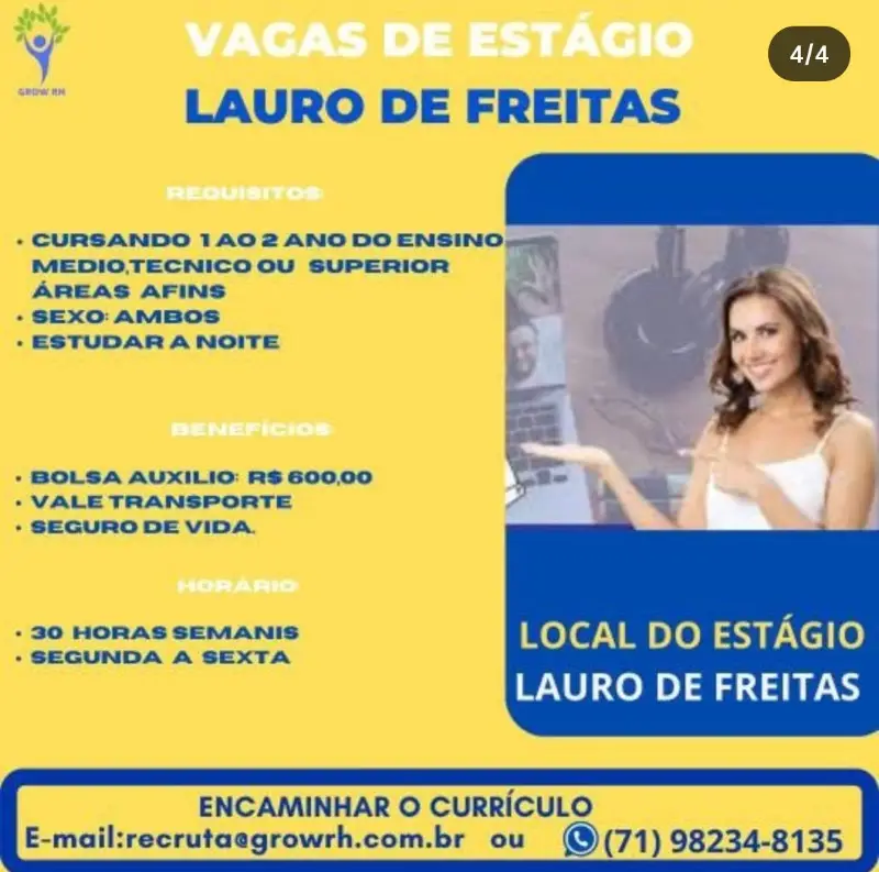 1 Vaga de emprego para Estágio Ensino Médio, Técnico Ou Superior na empresa Growrh em 09/09