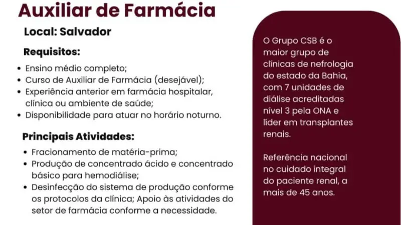 1 Vaga de emprego para Auxiliar De Farmácia na empresa Grupo CSB em 09/09