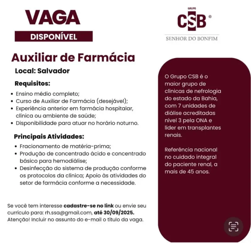 1 Vaga de emprego para Auxiliar De Farmácia na empresa Grupo CSB em 09/09