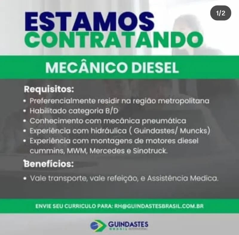 1 Vaga de emprego para Mecânico Diesel na empresa Guindastes Brasil em 09/09