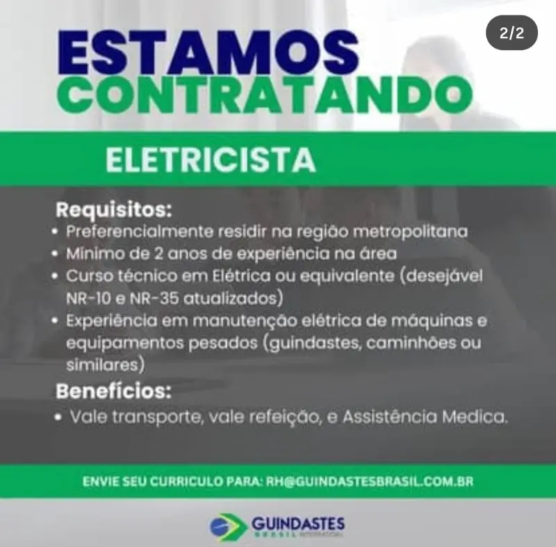 1 Vaga de emprego para Eletricista na empresa Guindastes Brasil em 09/09