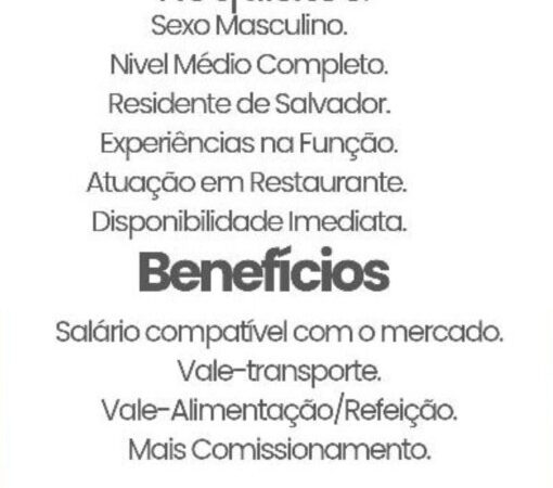1 Vaga de emprego para Garçom na Cidade Salvador em 09/09