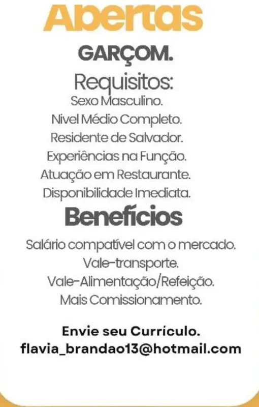 1 Vaga de emprego para Garçom na Cidade Salvador em 09/09