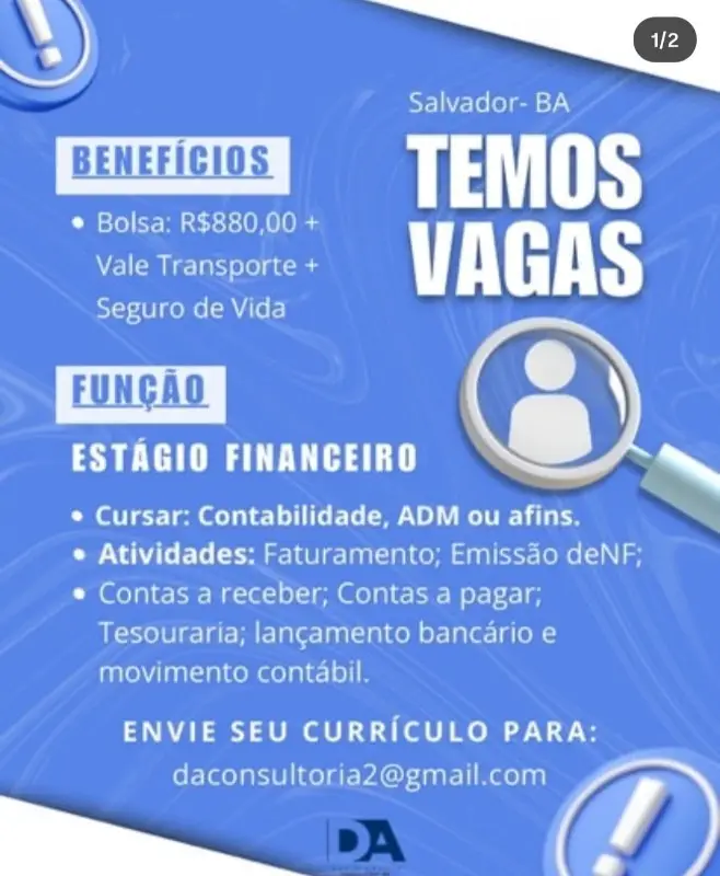 1 Vaga de emprego para Estágio Financeiro na empresa Daconsultoria em 09/09