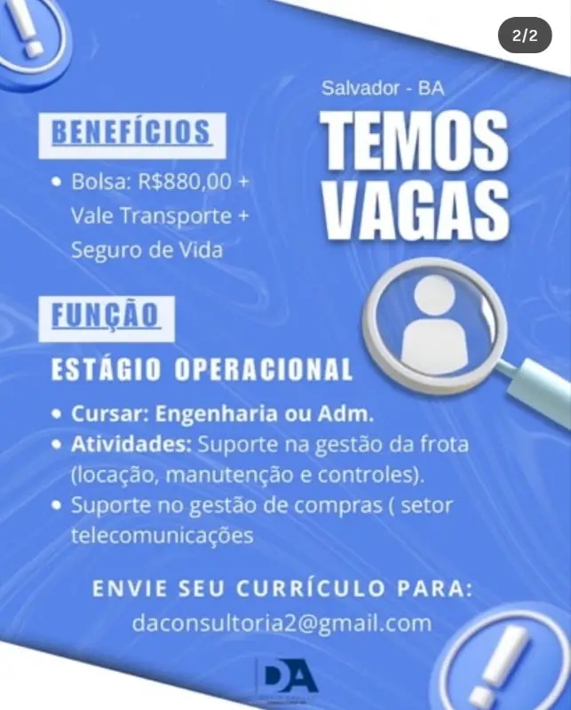 1 Vaga de emprego para Estágio Operacional na empresa Daconsultoria em 09/09