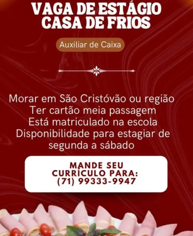 1 Vaga de emprego para Auxiliar De Caixa Estágio na empresa Casa de Frios em 09/09